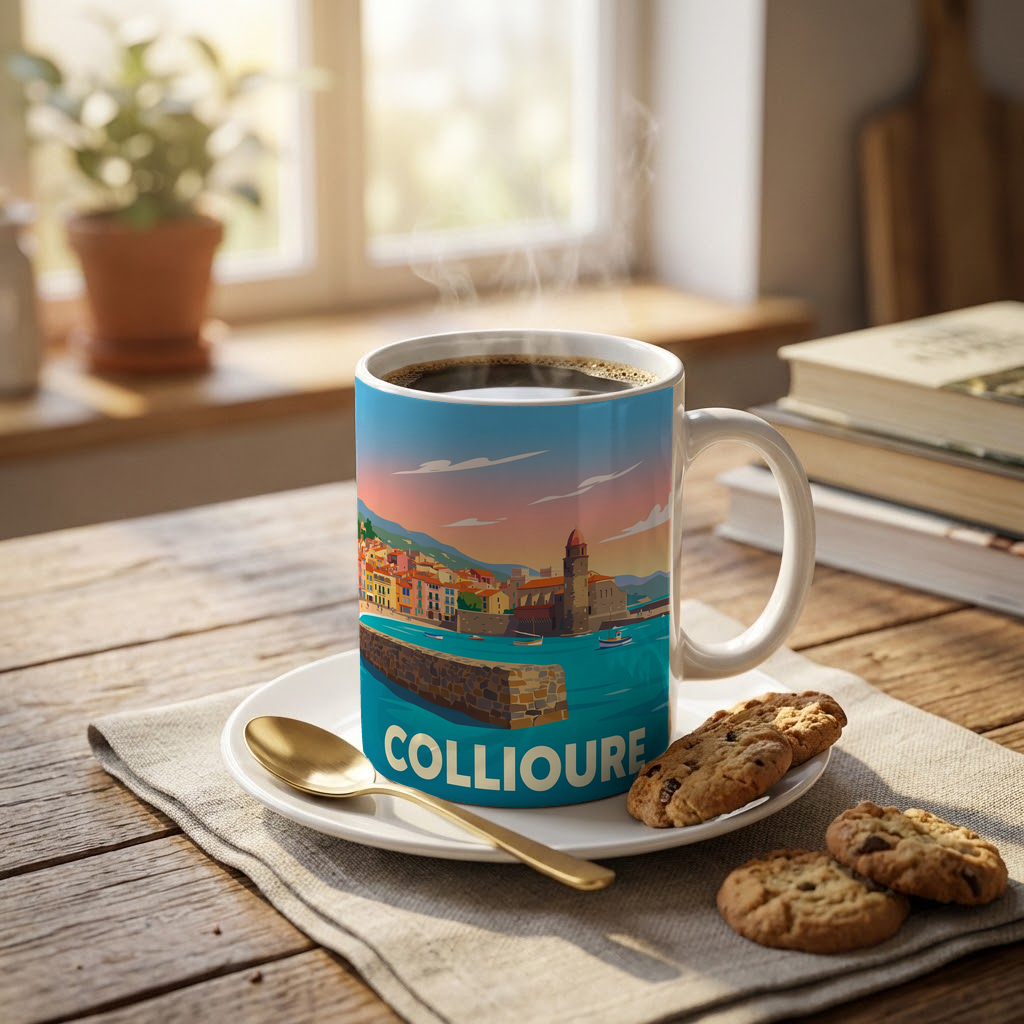 Mug souvenir de la ville de Collioure avec une illustration graphique colorée de son littoral.