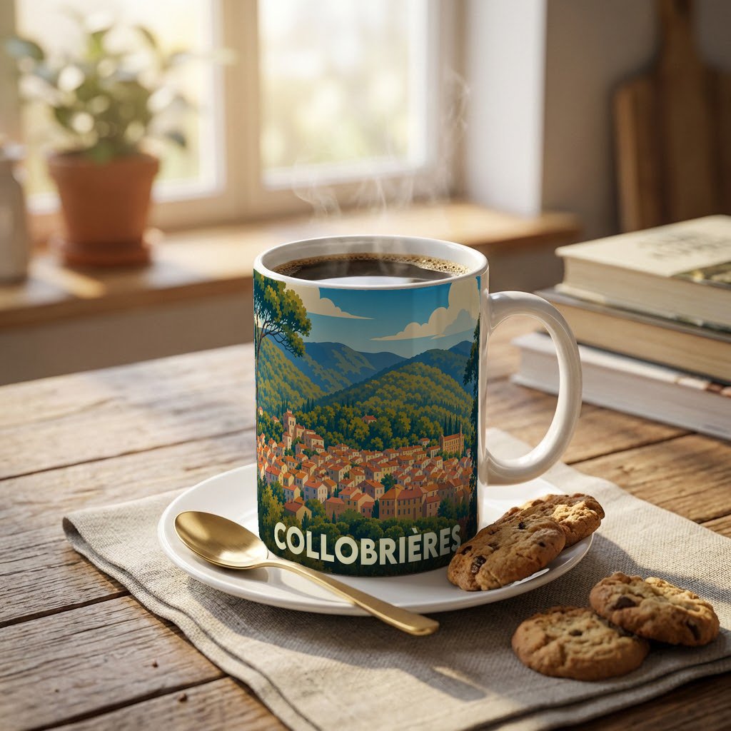 Mug souvenir de la ville de Collobrières illustré d'un paysage provençal stylisé.