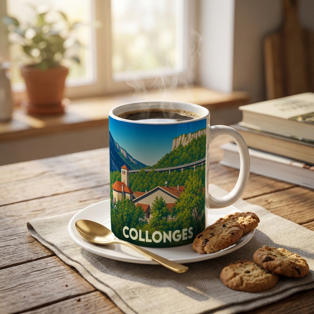 Mug souvenir de la ville de Collonges avec une illustration stylisée et colorée du paysage local.