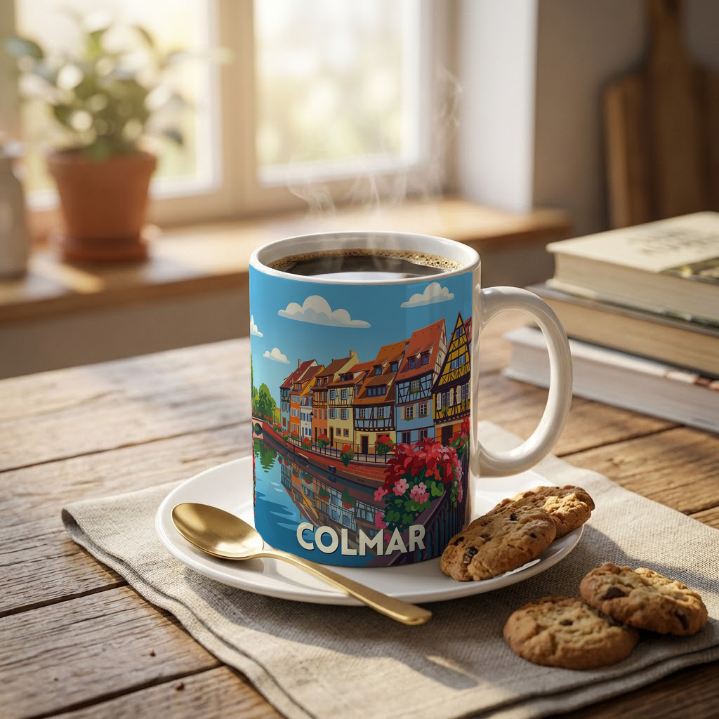 Tasse souvenir de la ville de Colmar avec une illustration colorée de maisons à colombages au bord de l'eau.