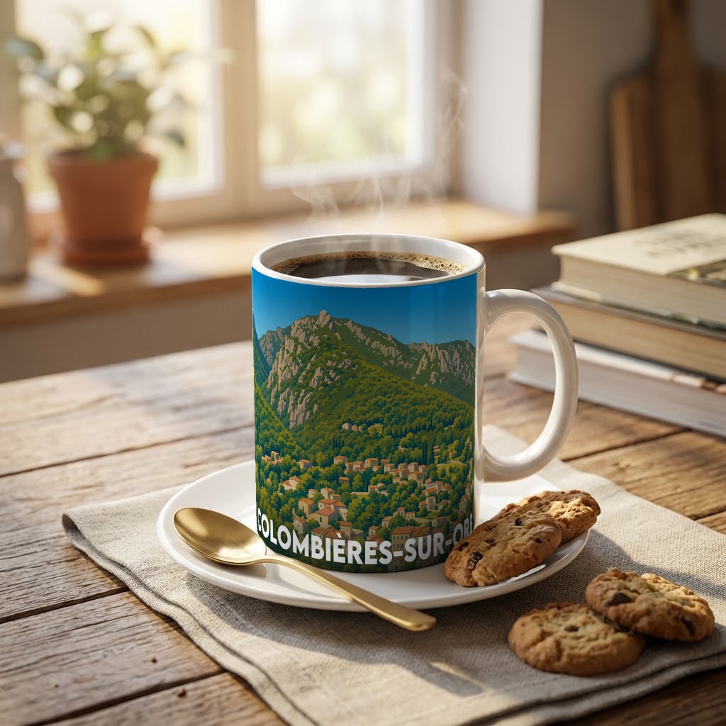 Mug souvenir de la ville de Colombières-sur-Orb avec une illustration stylisée.
