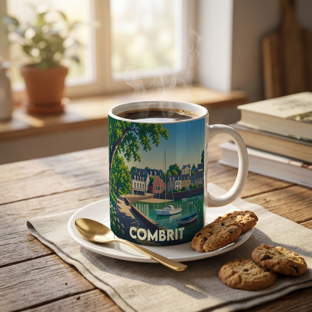 Mug souvenir de la ville de Combrit illustré d'une scène portuaire stylisée, posé sur une table en bois.