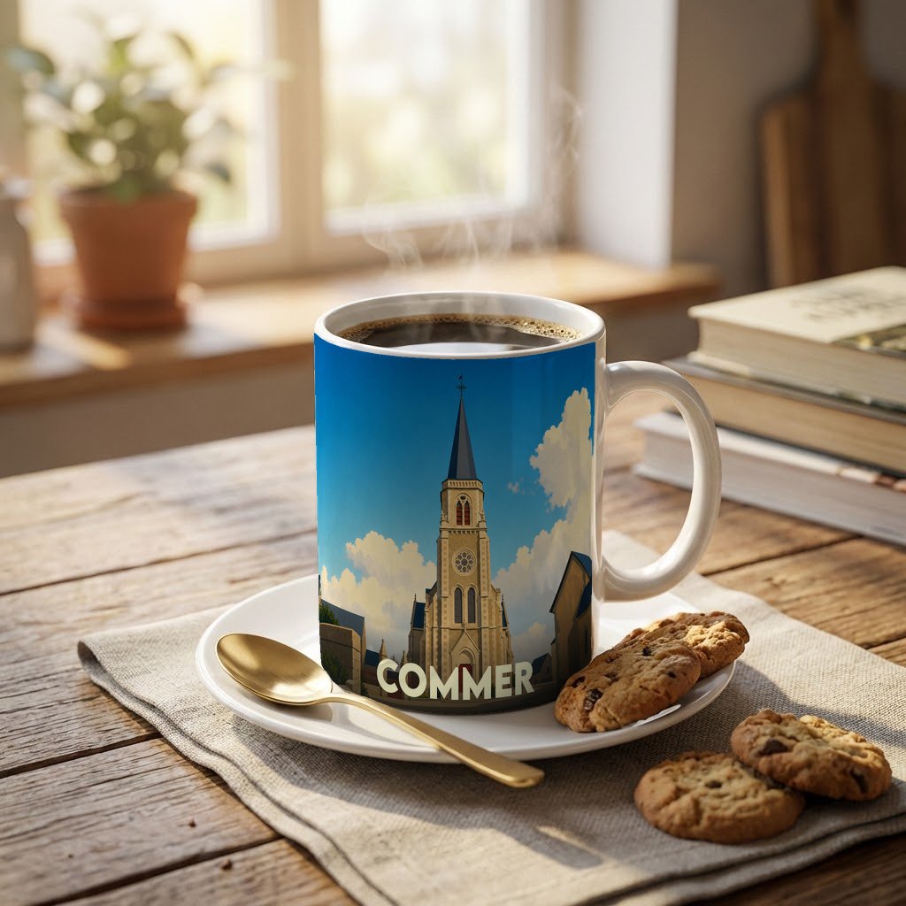 Mug souvenir de la ville de Commer orné d'une illustration stylisée de son église.