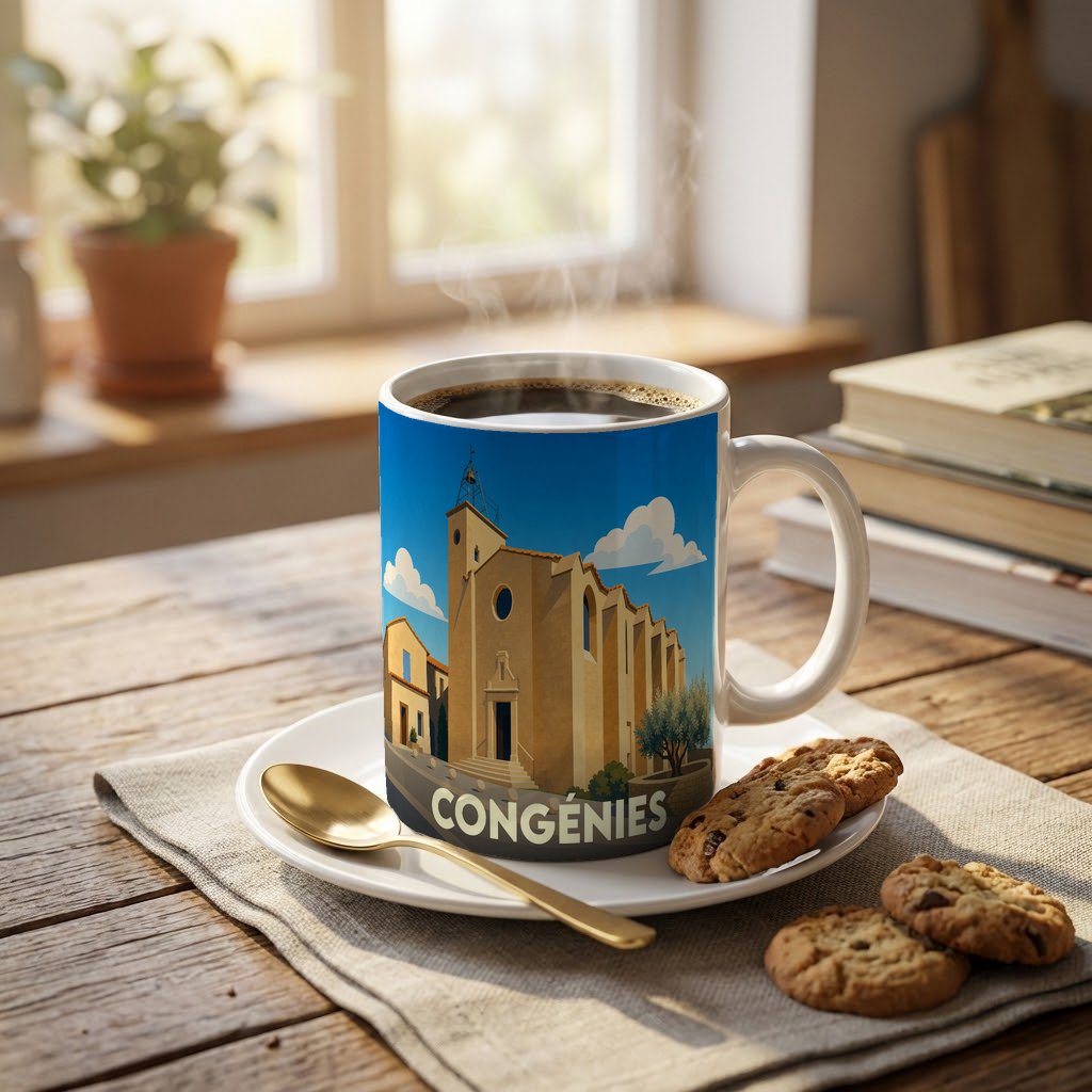 Mug souvenir de la ville de Congénies orné d'une illustration stylisée de son église.