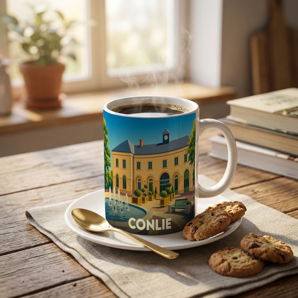 Mug souvenir de la ville de Conlie orné d'une illustration stylisée de son architecture et d'une fontaine.