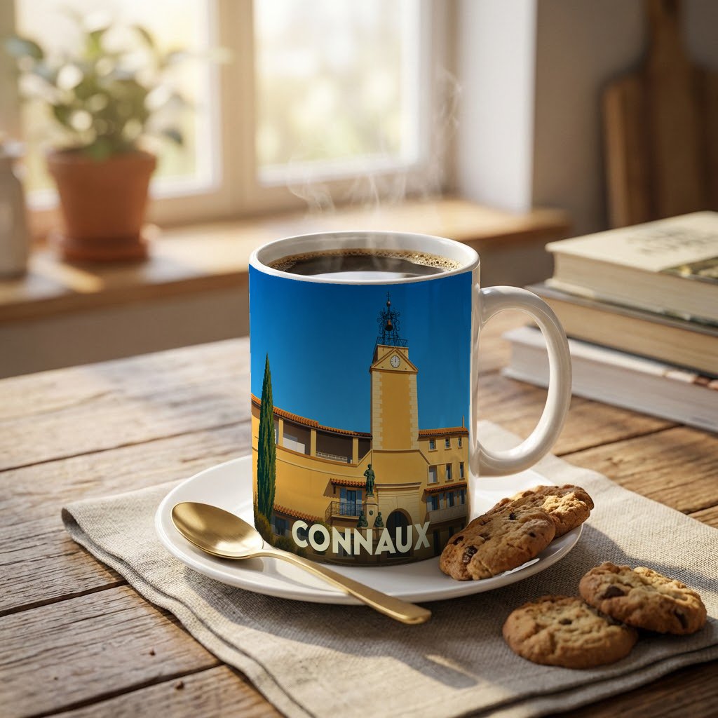 Mug souvenir de la ville de Connaux illustré d'un monument historique sous un ciel bleu.