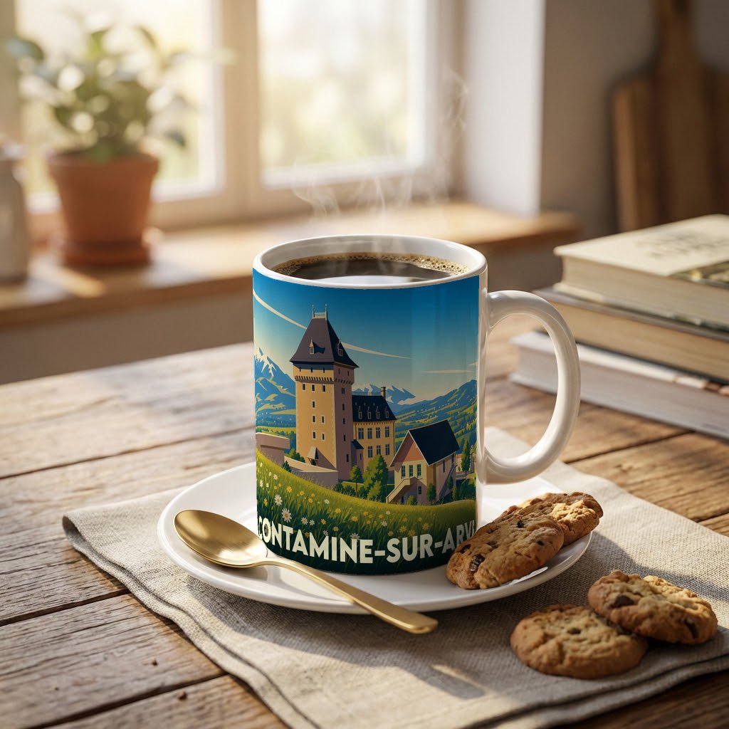 Mug souvenir de la ville de Contamine-sur-Arve orné d'une illustration stylisée de son paysage et de ses montagnes.