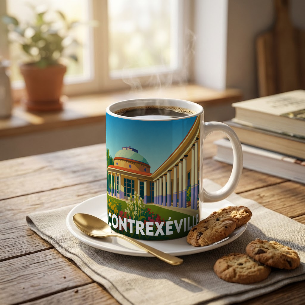 Mug souvenir de la ville de Contrexéville avec une illustration stylisée de son architecture.