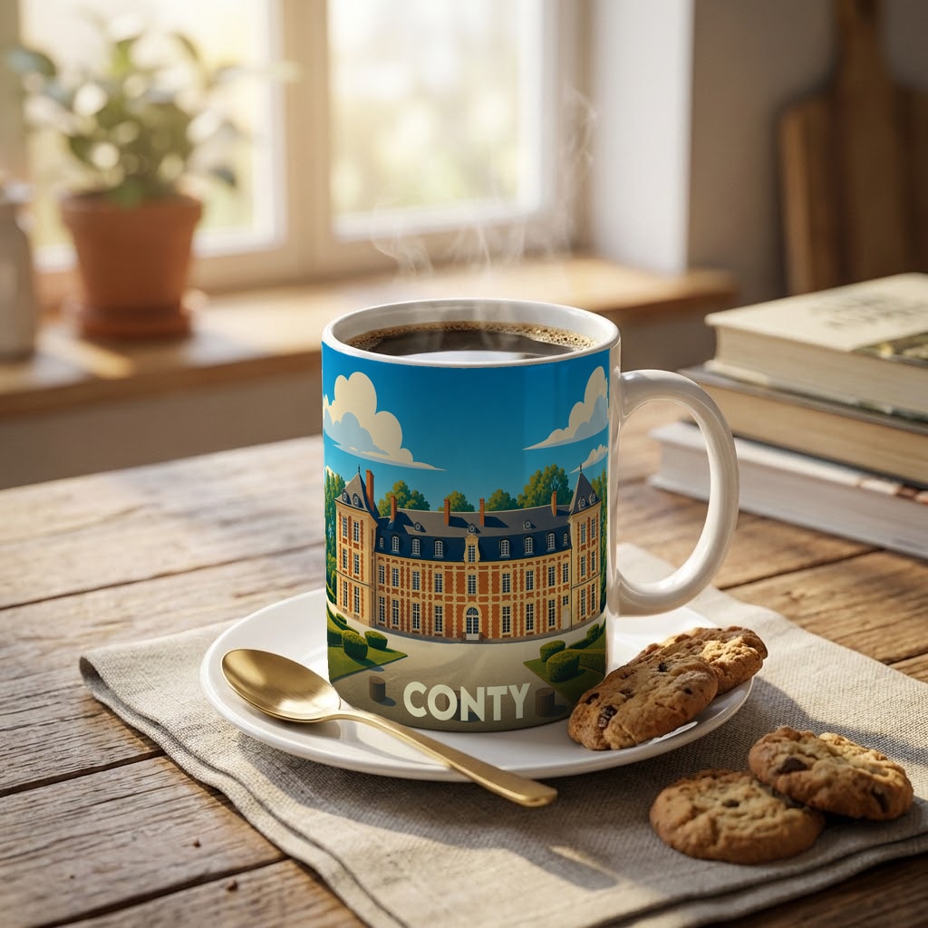 Mug souvenir de la ville de Conty orné d'une illustration stylisée de son château.