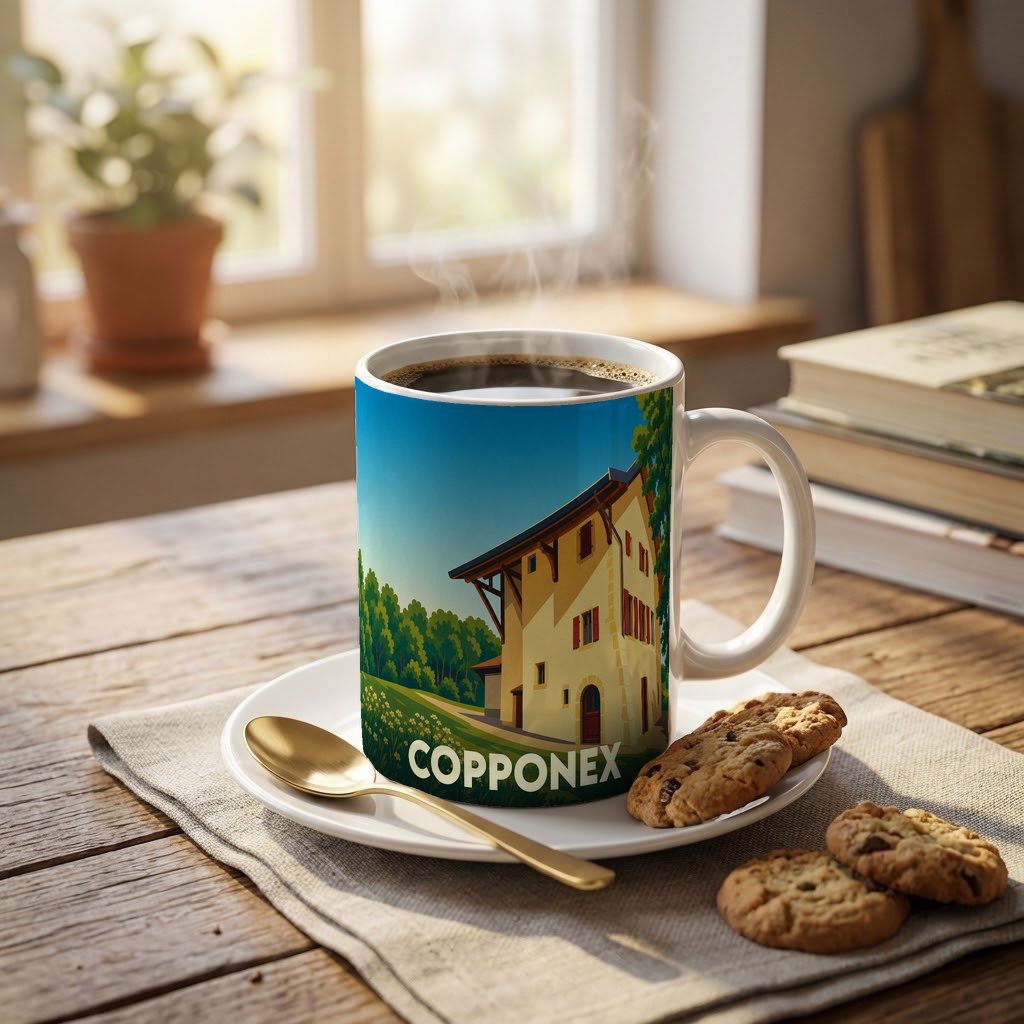Mug souvenir de la ville de Copponex avec une illustration stylisée d'une maison traditionnelle.