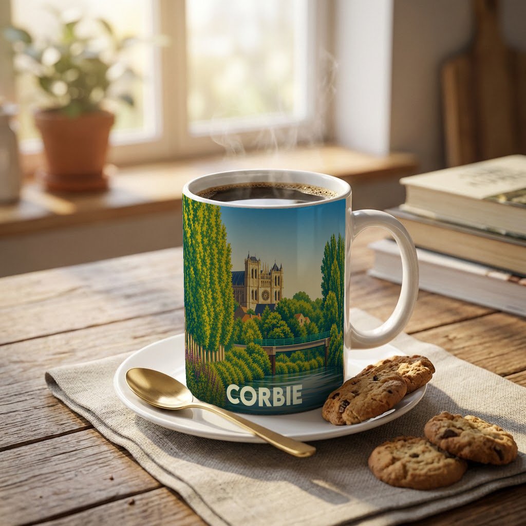 Mug souvenir de la ville de Corbie illustré d'un paysage stylisé de son abbaye et de la Somme.