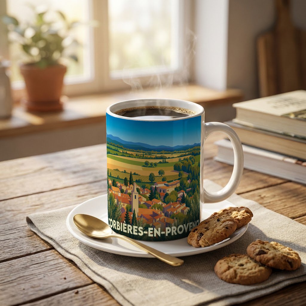 Mug souvenir de Corbières-en-Provence orné d'une illustration panoramique et stylisée de la ville et de ses paysages.