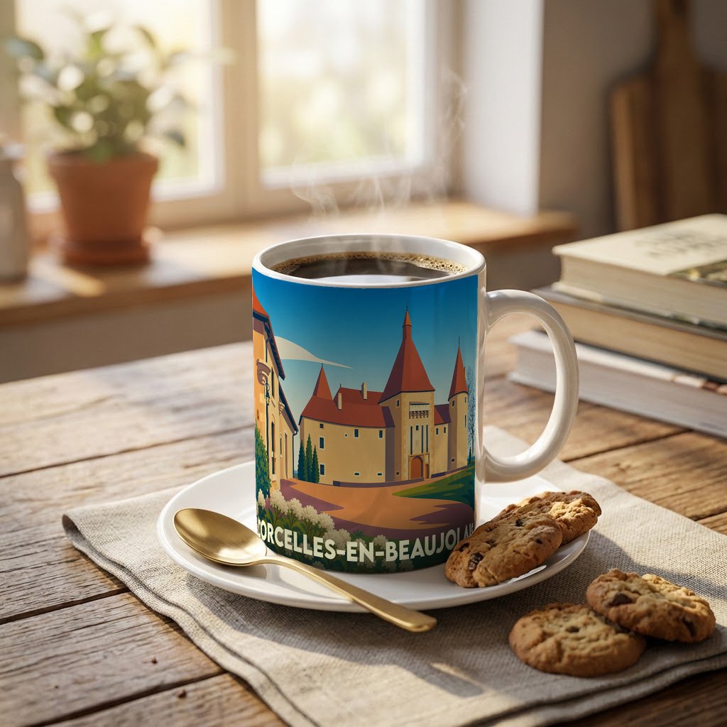 Mug souvenir de Corcelles-en-Beaujolais orné d'une illustration stylisée de son château.