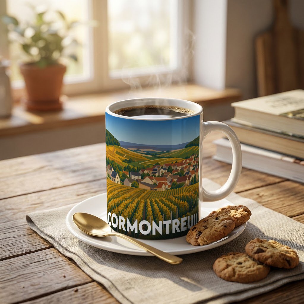Mug souvenir de la ville de Cormontreuil orné d'une illustration stylisée de ses vignobles et de son village.