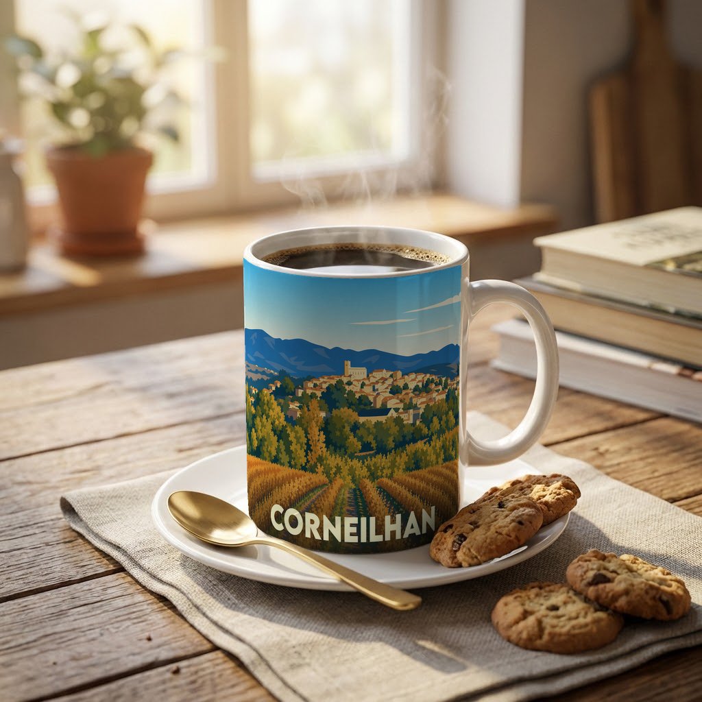 Mug souvenir de la ville de Corneilhan avec une illustration stylisée d'un paysage de vignobles et de collines.