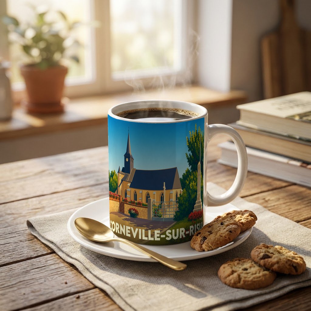 Mug souvenir de la ville de Corneville-sur-Risle avec une illustration stylisée de son église.