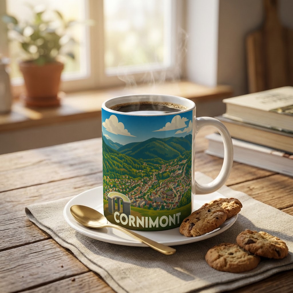 Mug souvenir de la ville de Cornimont orné d'une illustration panoramique et stylisée de la commune.