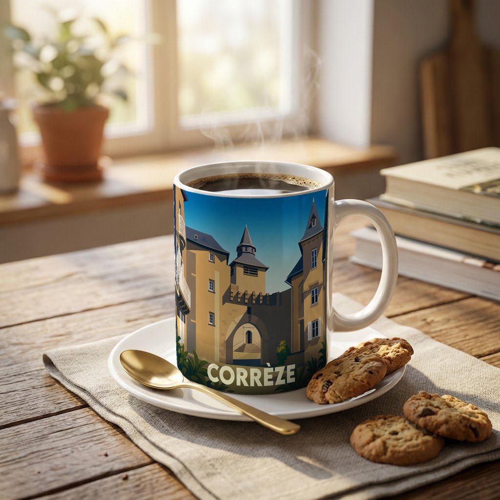 Mug souvenir de la ville de Corrèze avec une illustration stylisée de son architecture médiévale.