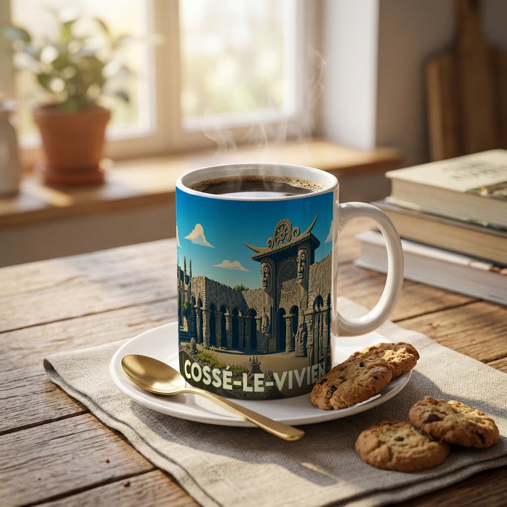Mug souvenir de la ville de Cossé-le-Vivien avec une illustration stylisée du Musée Robert Tatin.
