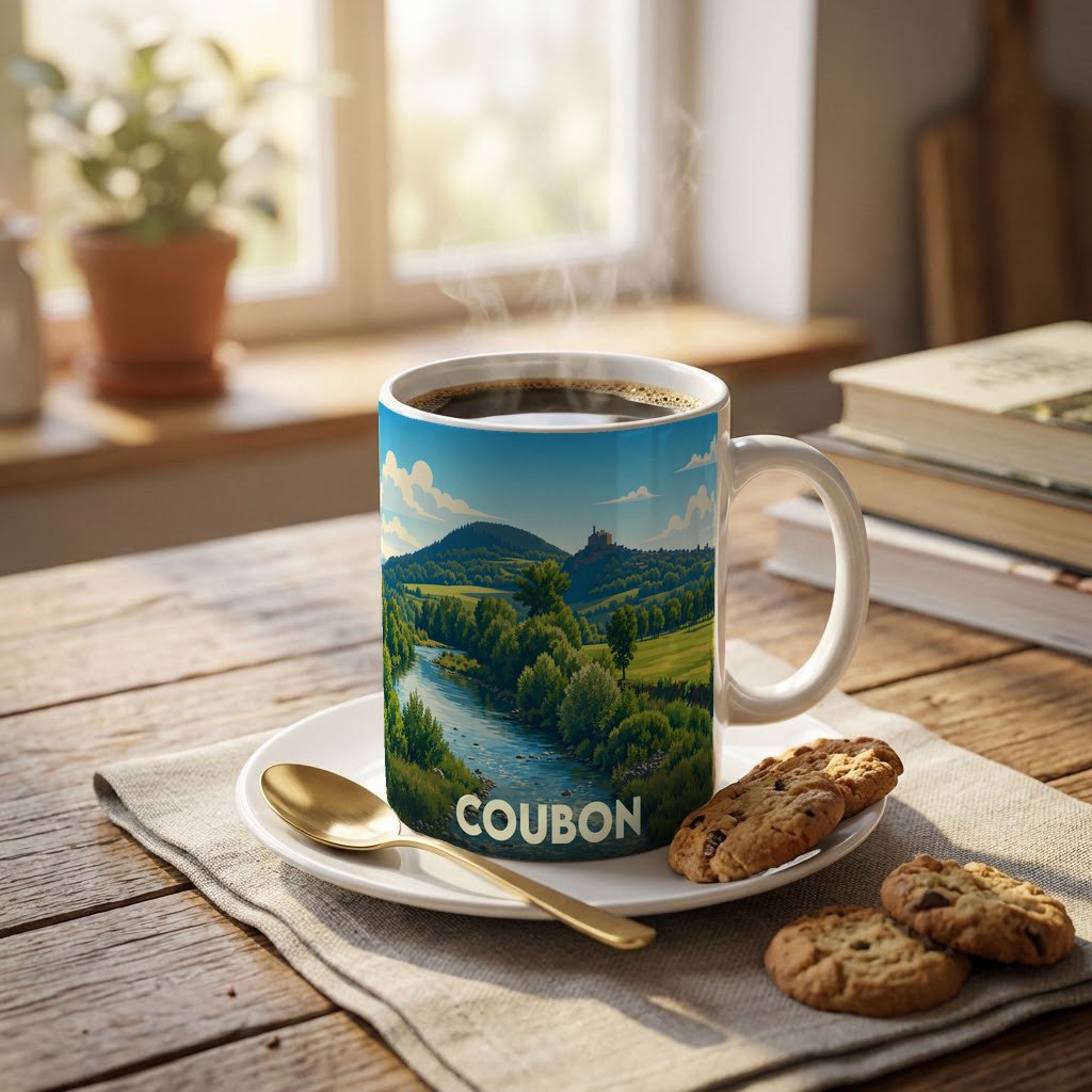 Mug souvenir de la ville de Coubon illustré d'un paysage naturel de rivière et de collines.