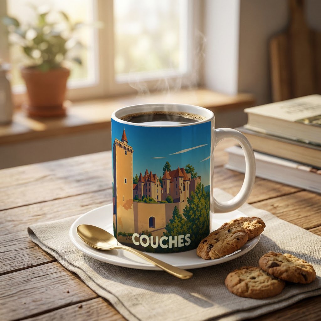 Mug souvenir de la ville de Couches illustré d'un château médiéval stylisé.