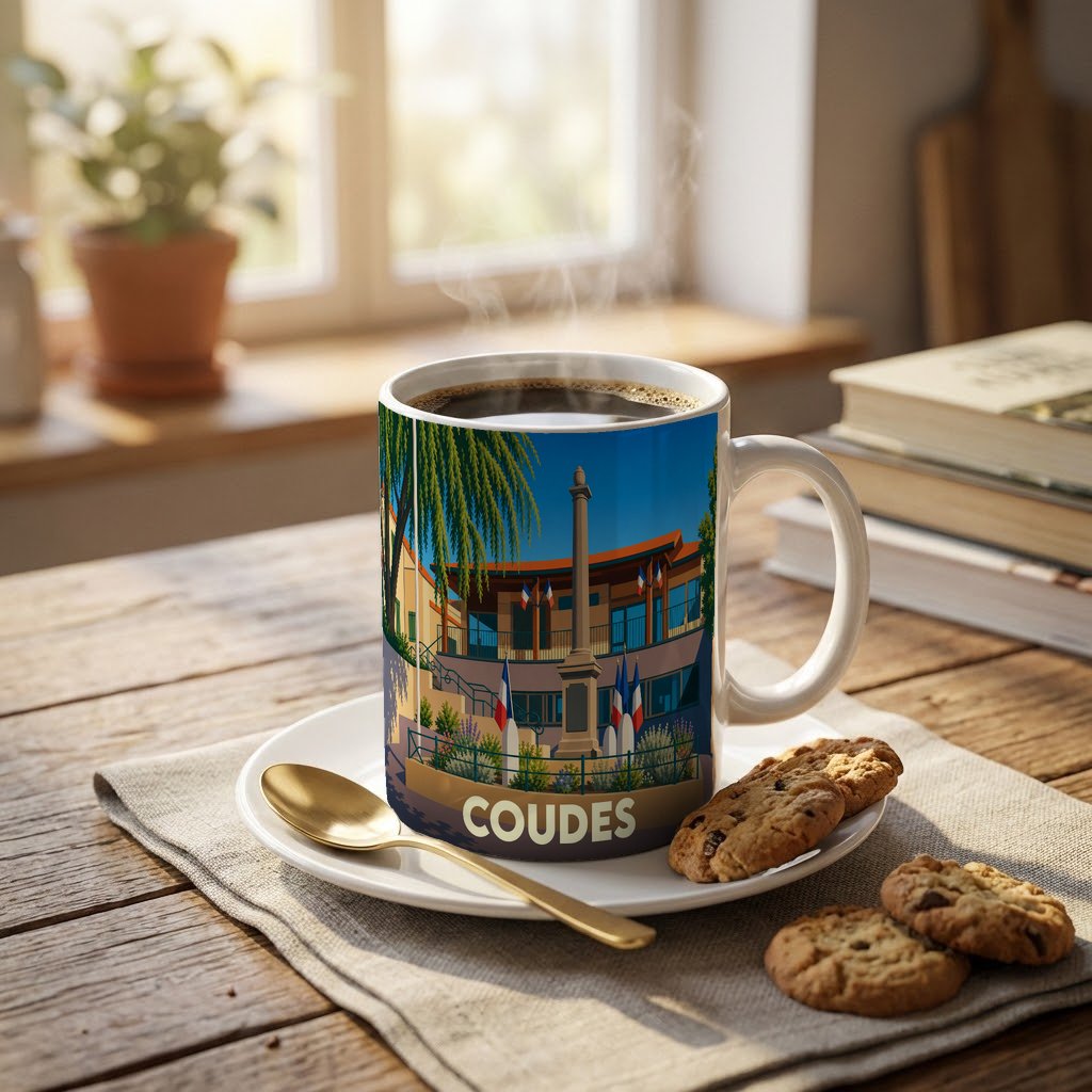 Mug souvenir de la ville de Coudes avec une illustration stylisée.