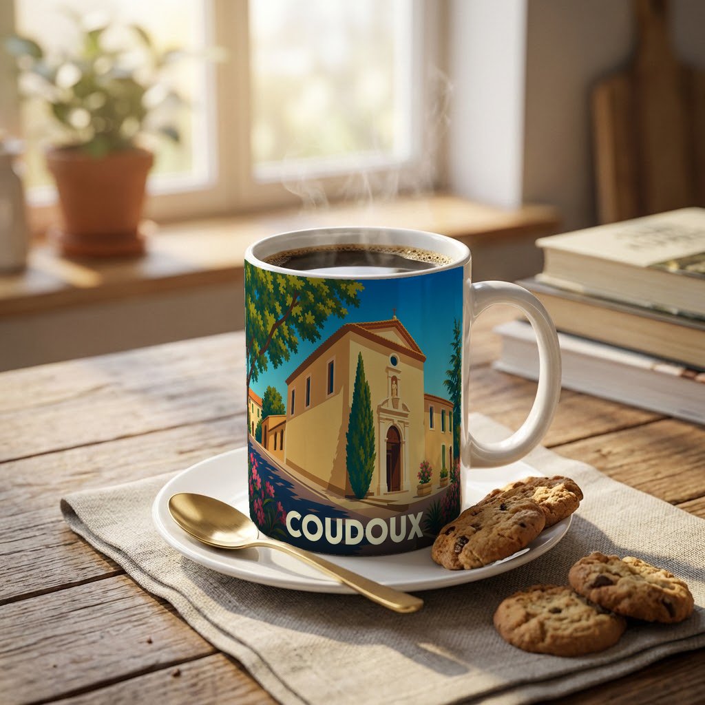Mug souvenir de la ville de Coudoux avec une illustration stylisée d'une église provençale.