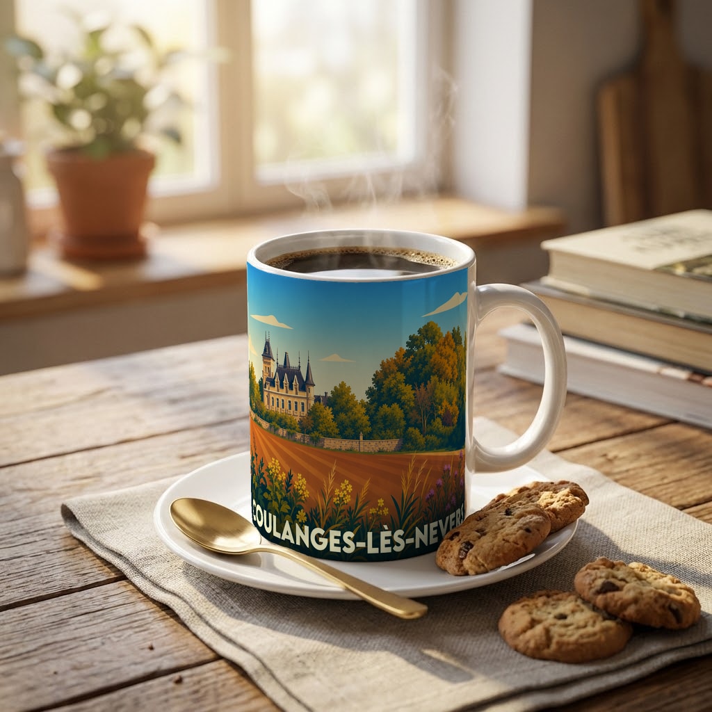 Mug souvenir de Coulanges-lès-Nevers orné d'une illustration stylisée d'un château et de paysages ruraux.