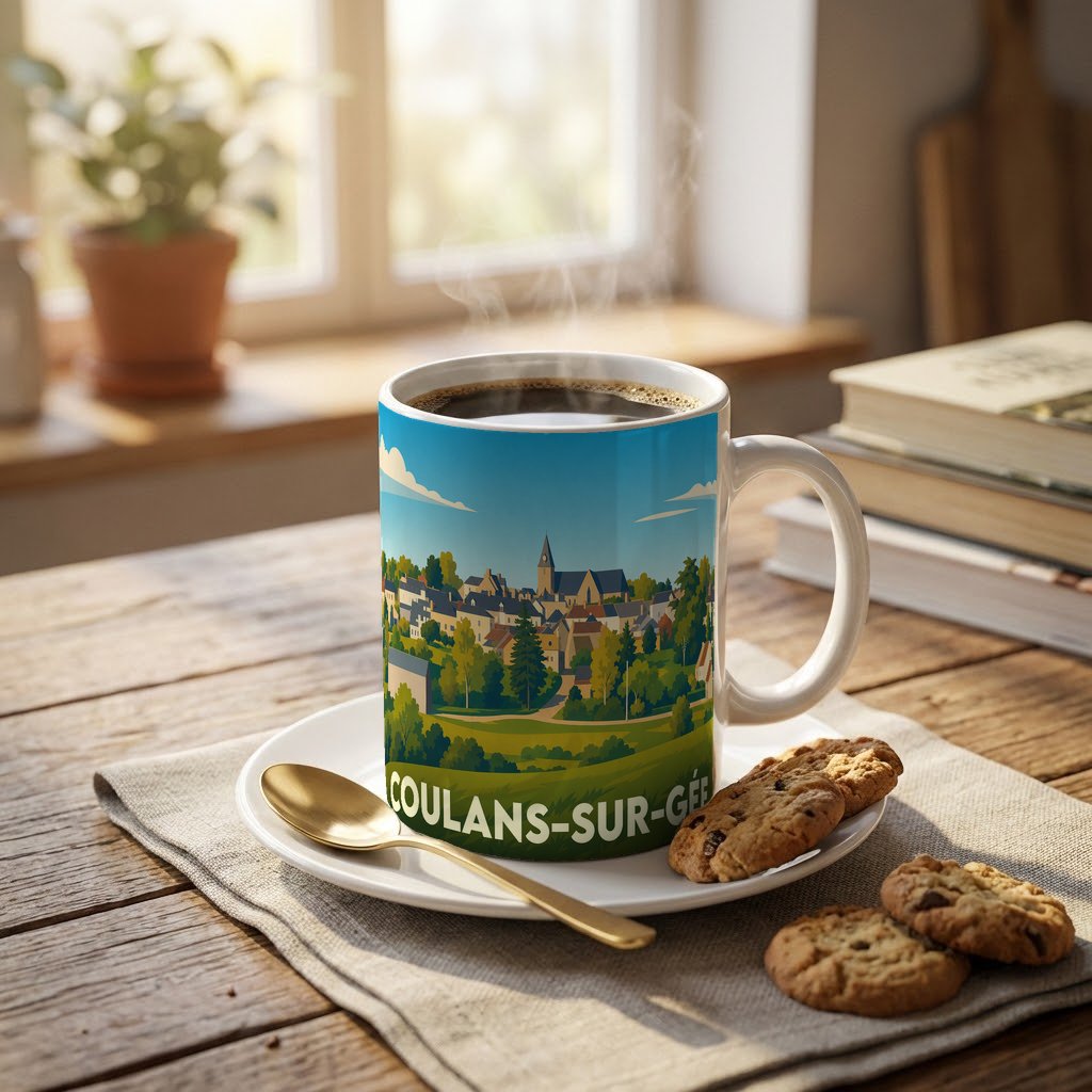 Mug souvenir de la ville de Coulans-sur-Gée avec une illustration stylisée de son paysage urbain.
