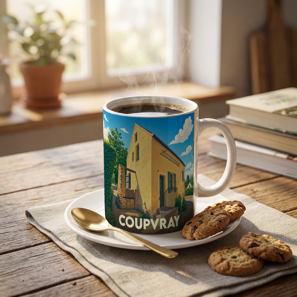 Mug souvenir de la ville de Coupvray orné d'une illustration stylisée de la maison natale de Louis Braille.