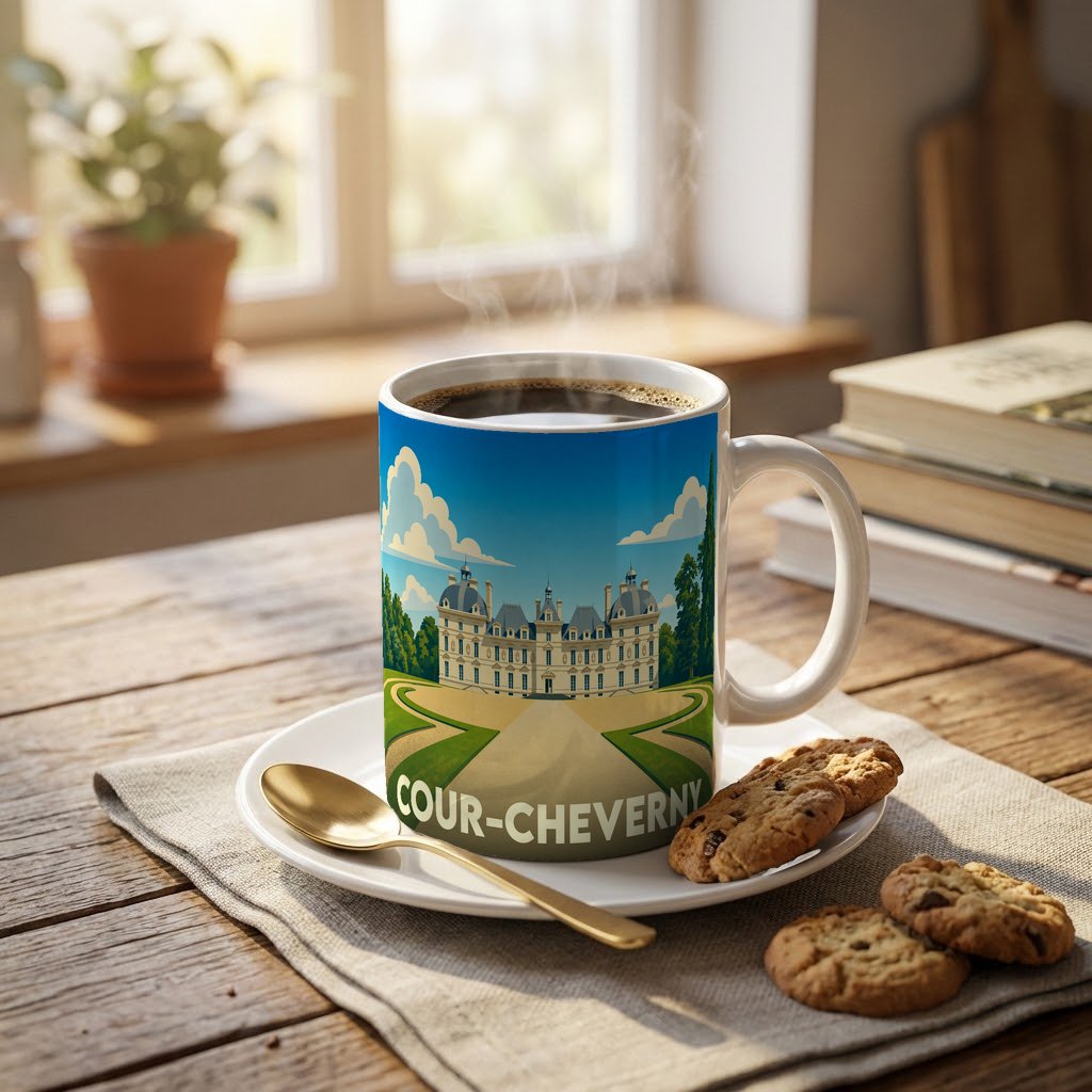 Mug souvenir de la ville de Cour-Cheverny illustré d'un château majestueux sous un ciel bleu.