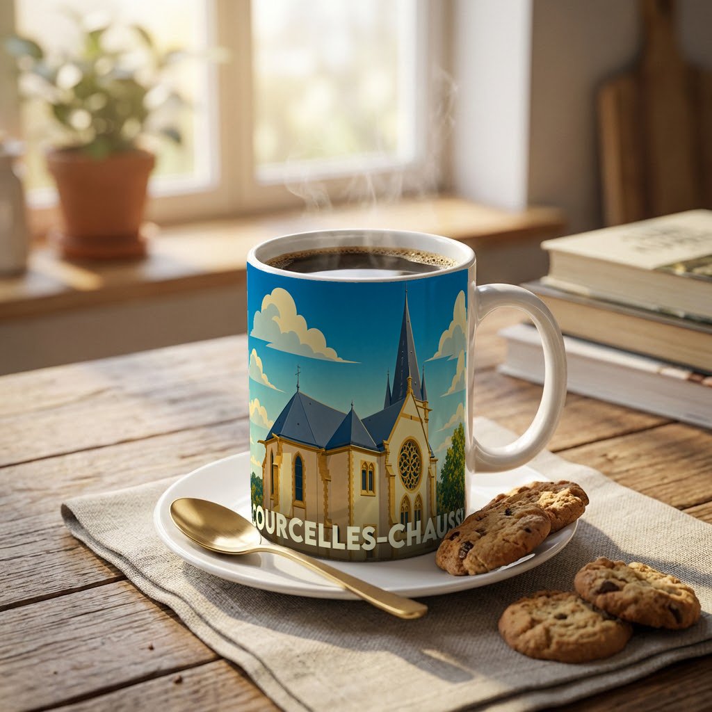 Mug souvenir de la ville de Courcelles-Chaussy avec une illustration stylisée de son église.