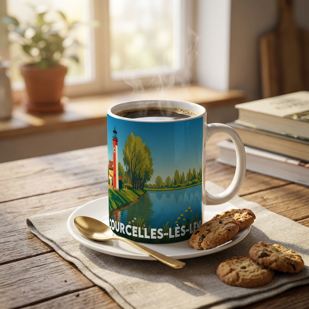 Mug souvenir de la ville de Courcelles-lès-Lens avec une illustration stylisée d'un paysage côtier.