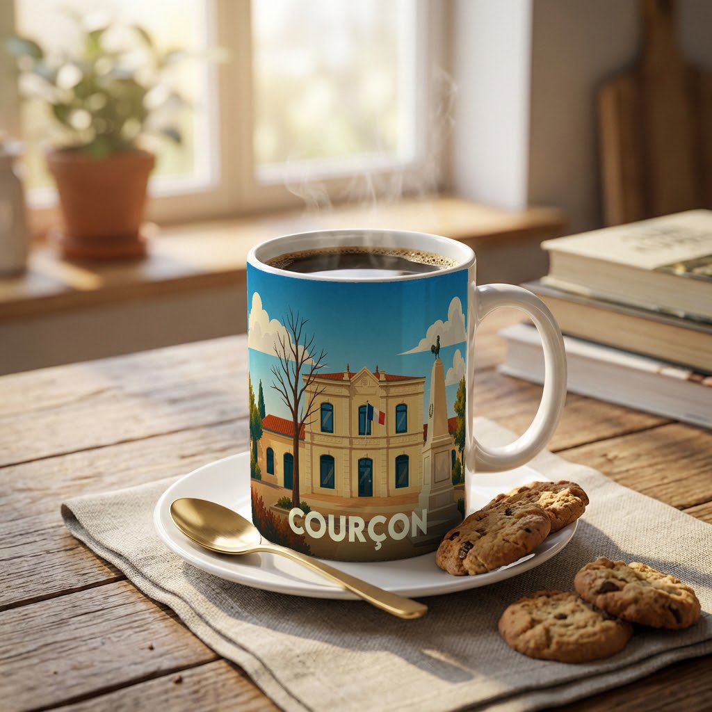 Mug souvenir de la ville de Courçon avec une illustration stylisée de sa mairie et de son monument.