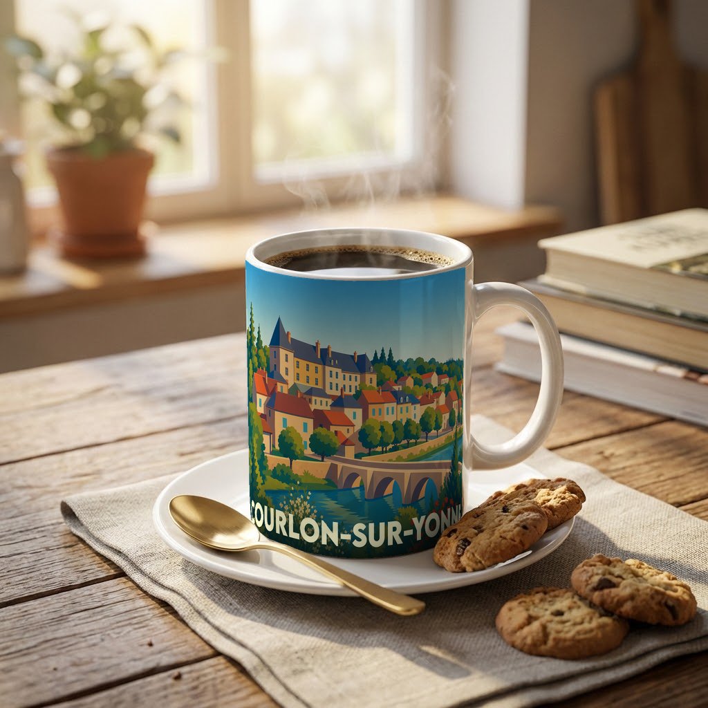 Mug souvenir de la ville de Courlon-sur-Yonne avec une illustration colorée et stylisée représentant son paysage urbain.