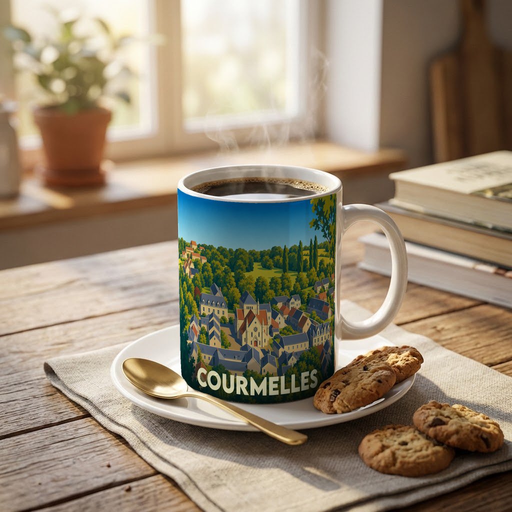 Mug souvenir de la ville de Courmelles avec une illustration stylisée d'un village verdoyant.