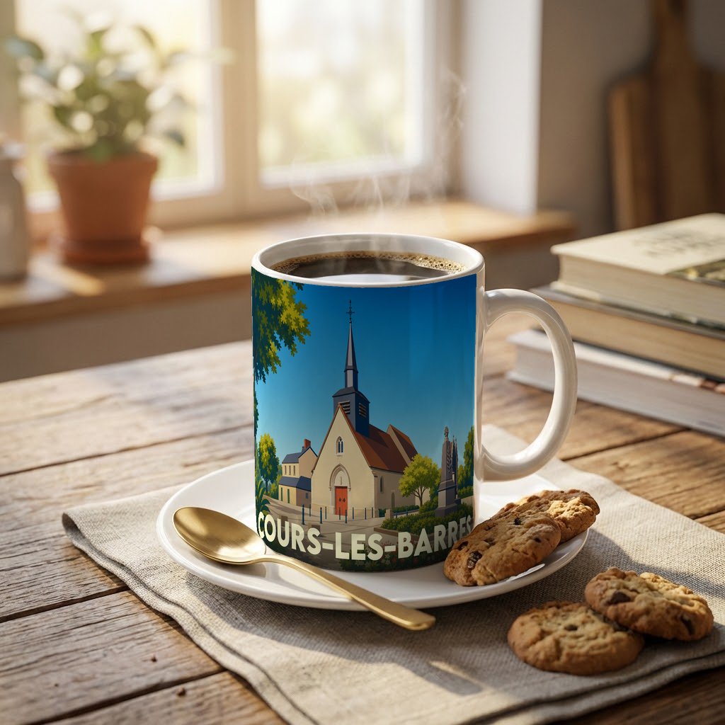 Mug souvenir de la ville de Cours-les-Barres avec une illustration stylisée de son église.