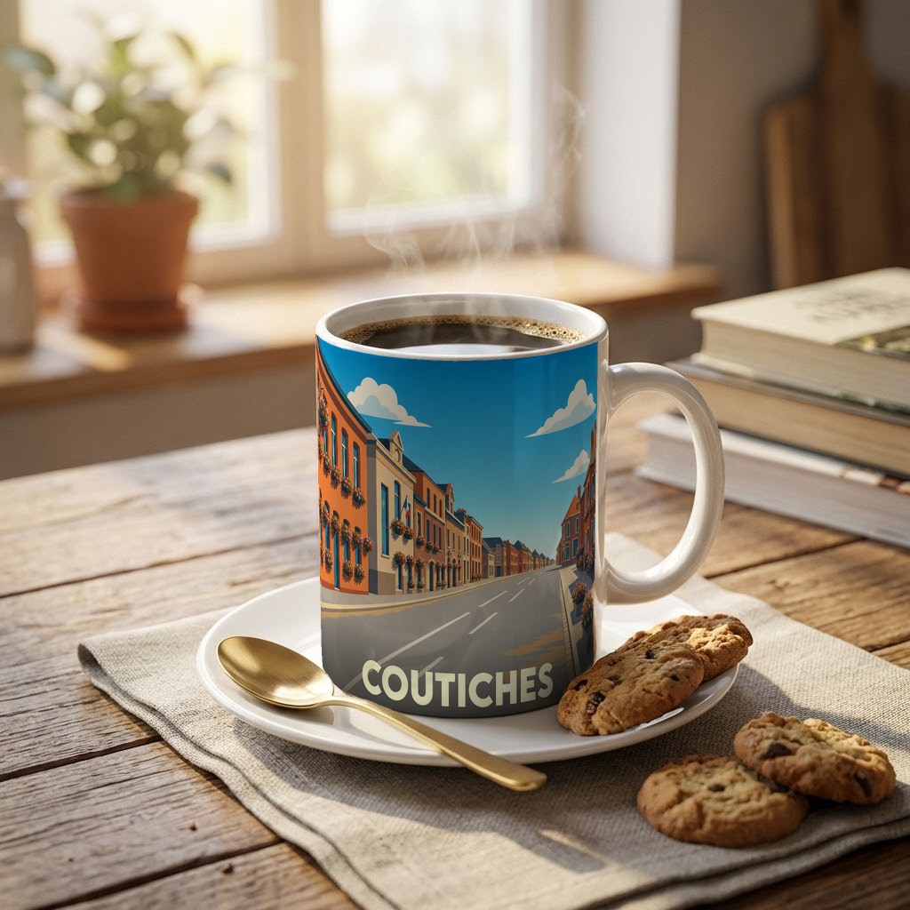 Mug souvenir de la ville de Coutiches avec une illustration stylisée d'une rue fleurie.