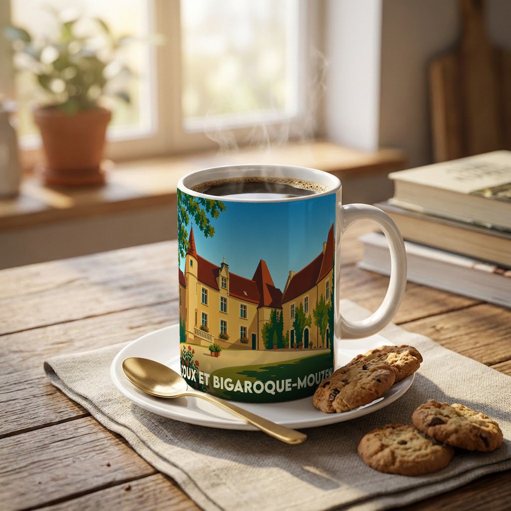 Mug souvenir de la ville de Coux et Bigaroque-Mouzens illustré d'un château stylisé.