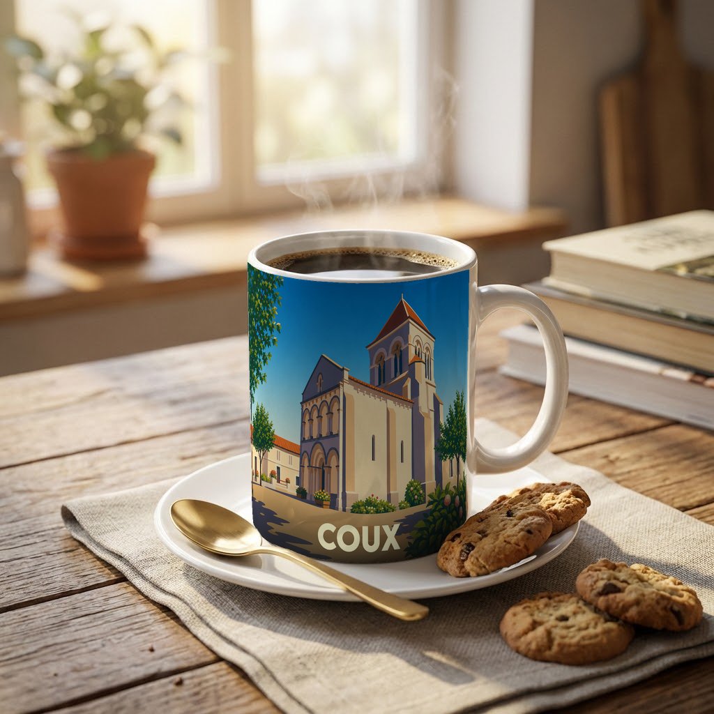 Mug souvenir de la ville de Coux avec une illustration stylisée d'une église sous un ciel bleu.