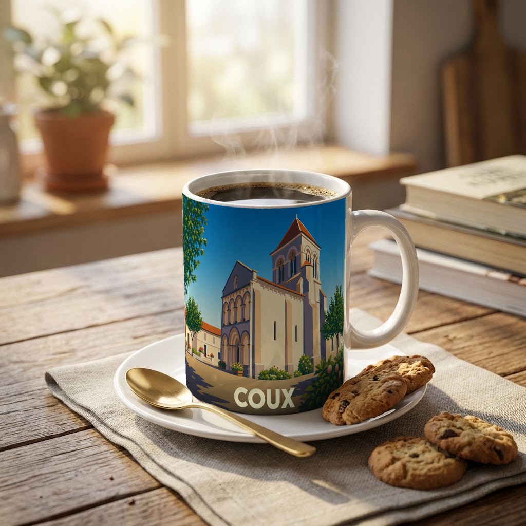 Mug souvenir de la ville de Coux avec une illustration stylisée d'une église sous un ciel bleu.