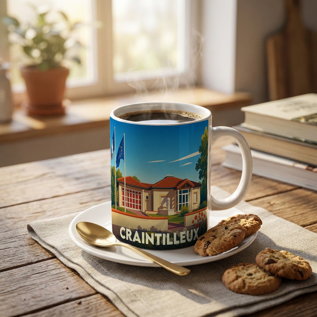 Mug souvenir de la ville de Craintilleux avec une illustration stylisée d'un bâtiment municipal et de drapeaux.