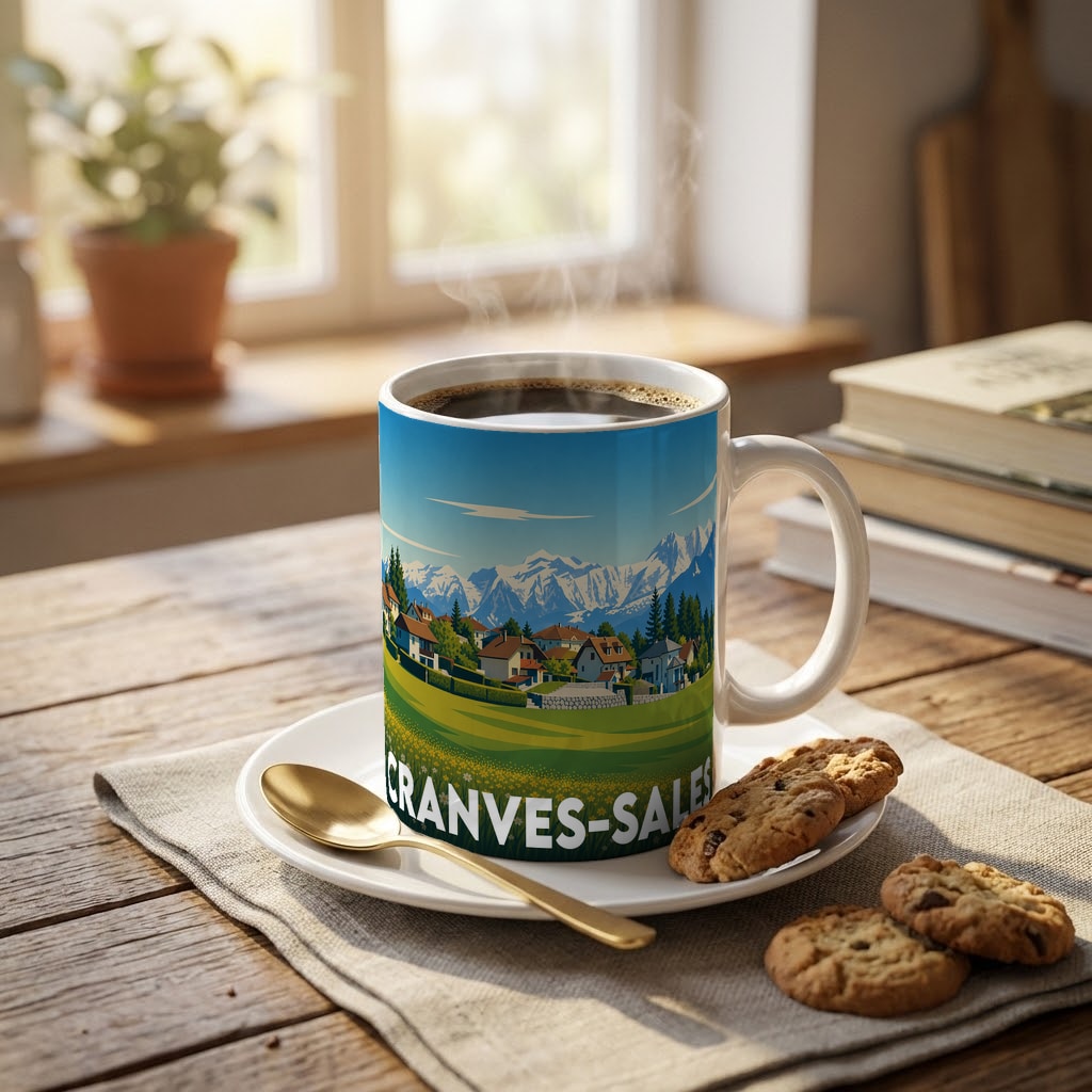 Mug souvenir de la ville de Cranves-Sales illustré d'un paysage alpin.