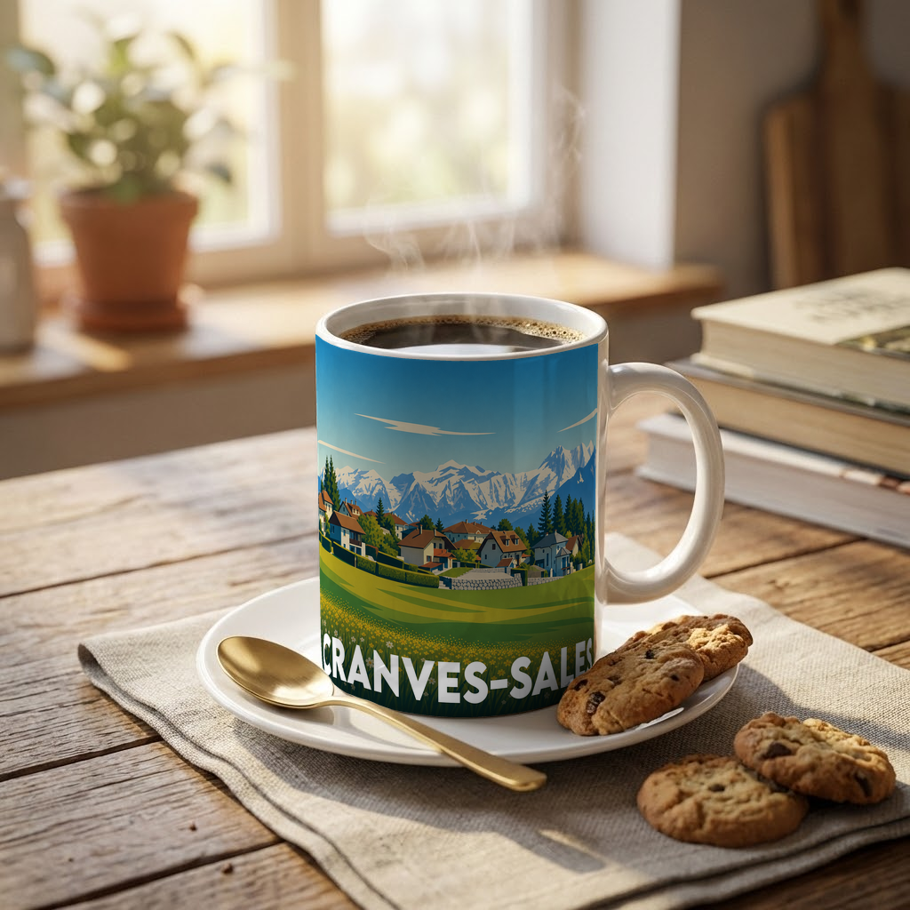 Mug souvenir de la ville de Cranves-Sales illustré d'un paysage alpin.
