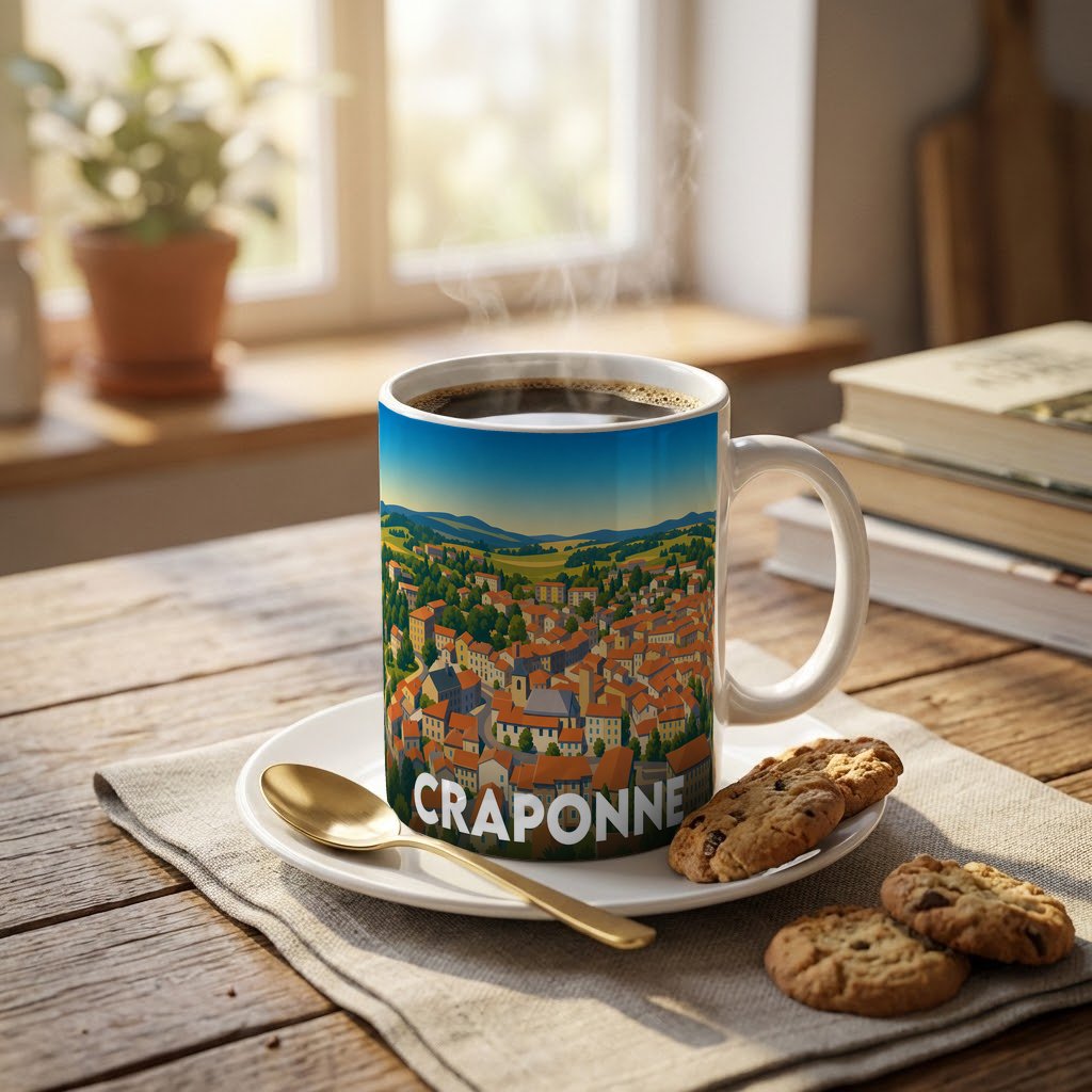 Mug souvenir de la ville de Craponne avec une illustration stylisée de son paysage.