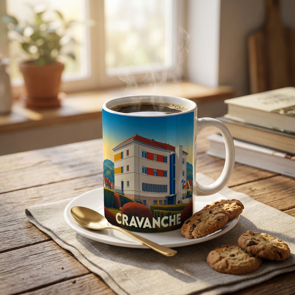 Mug souvenir de la ville de Cravanche avec une illustration stylisée d'un bâtiment emblématique.
