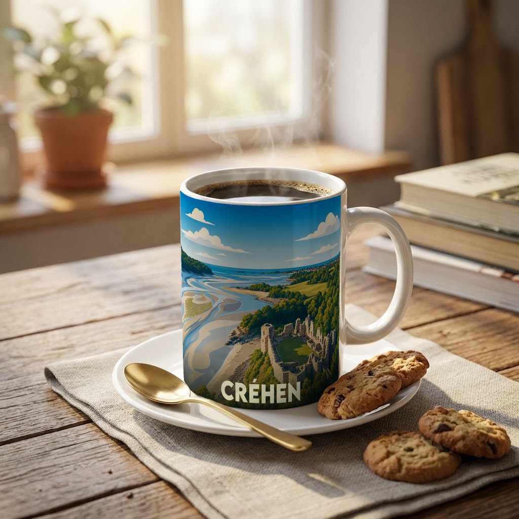 Mug souvenir de la ville de Créhen avec une illustration stylisée de son château et de son littoral.