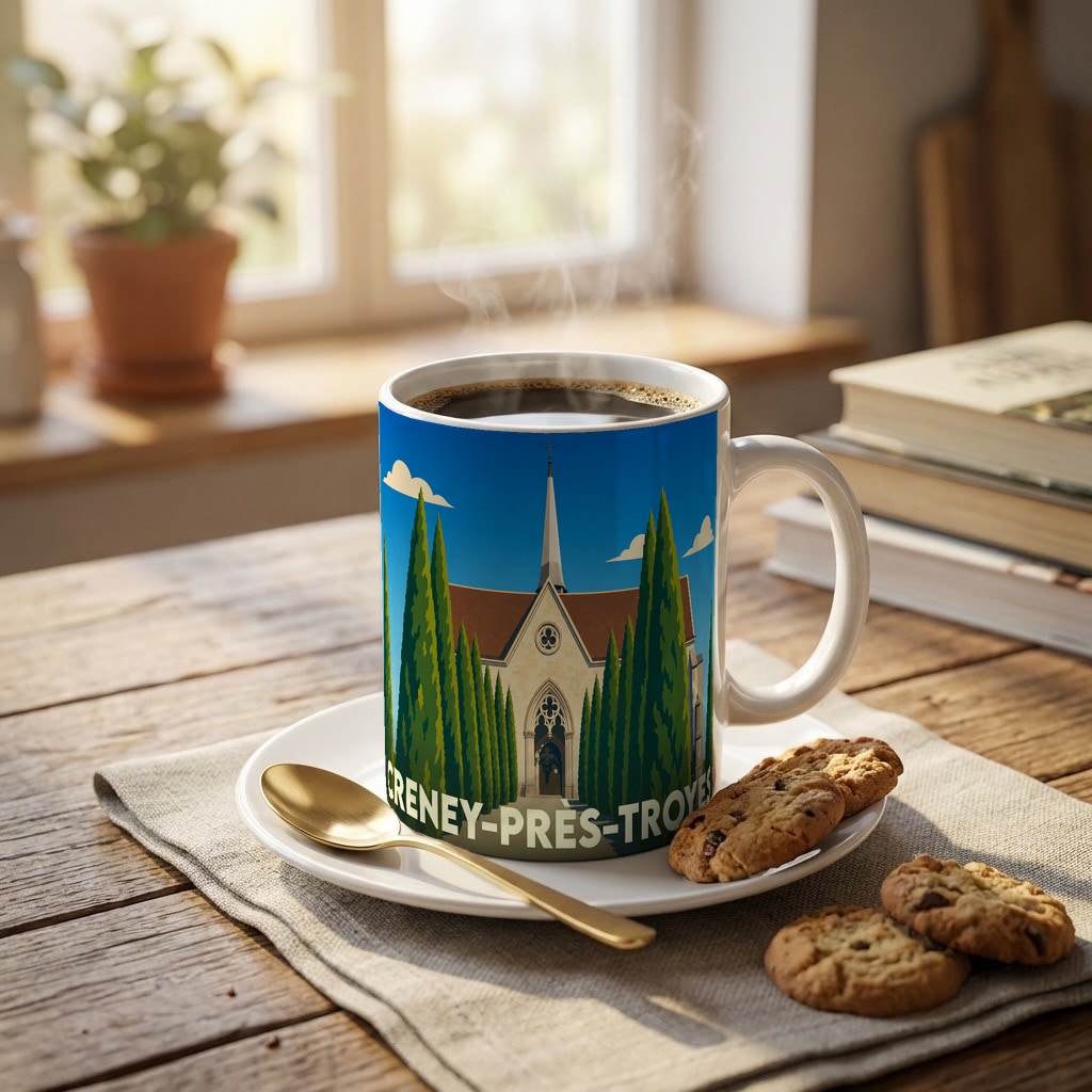 Mug souvenir de la ville de Creney-près-Troyes avec une illustration stylisée d'église.