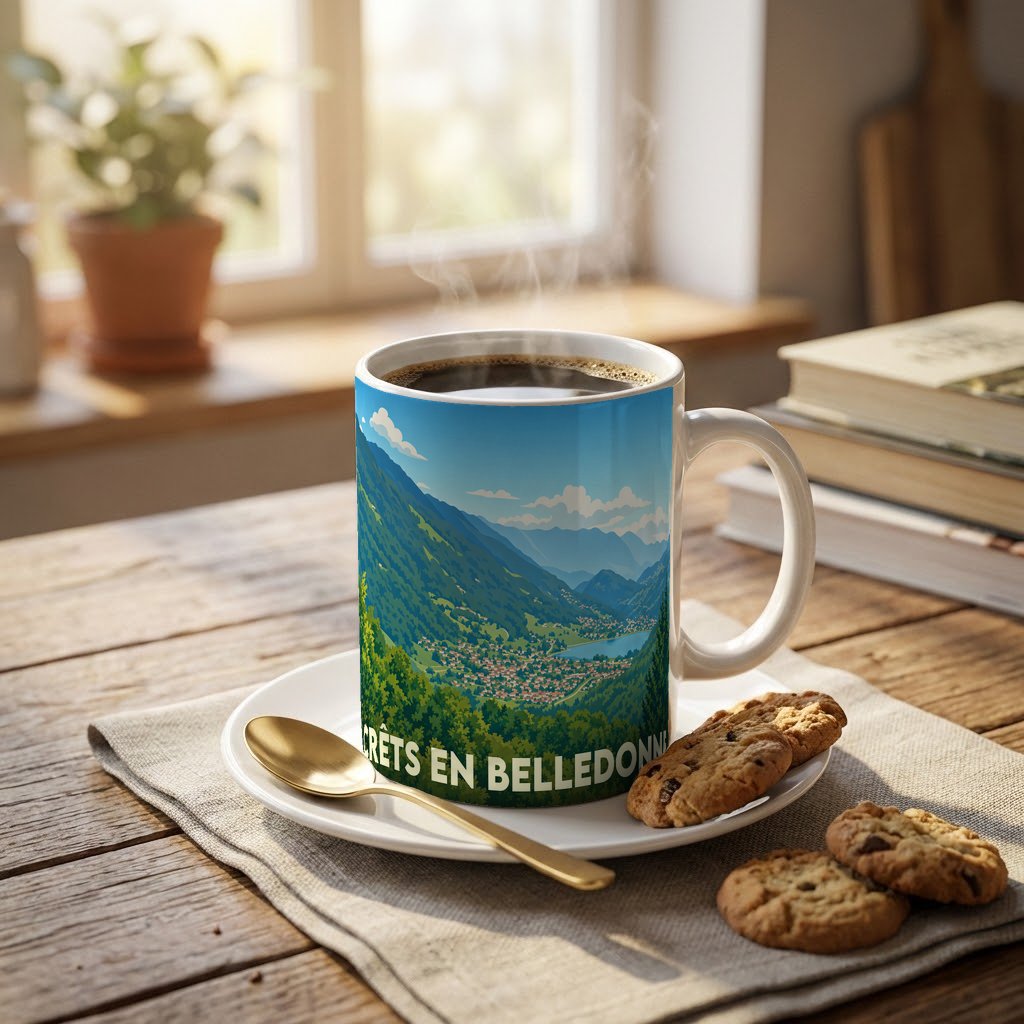 Mug souvenir de la ville de Crêts en Belledonne avec une illustration de paysage montagneux.