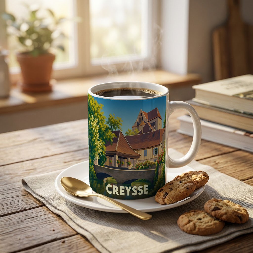 Mug souvenir de la ville de Creysse orné d'une illustration stylisée de ses maisons et de son vieux pont.